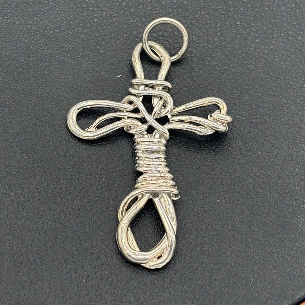 Cross Pendant Silver Tone Wire Wrapped Artisanal Religious Symbol